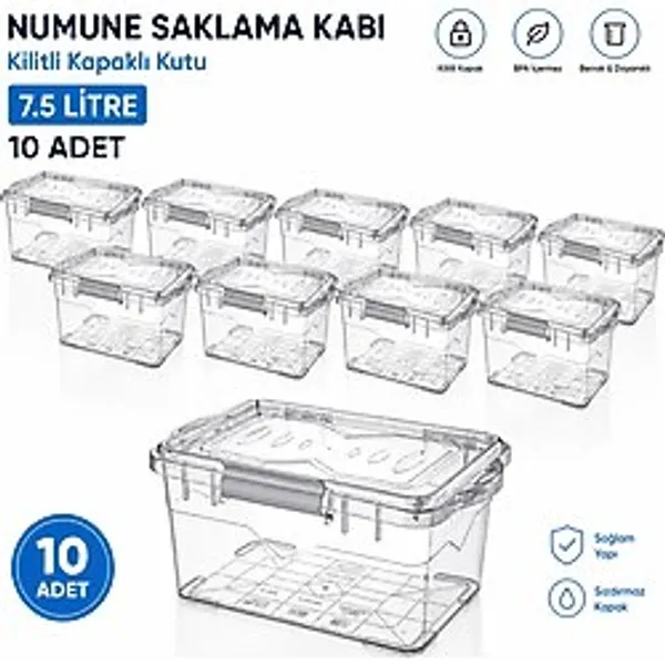 Labolist Numune Saklama Kabı 7.5 L - Kilit Kapaklı Kutu 10 Adet