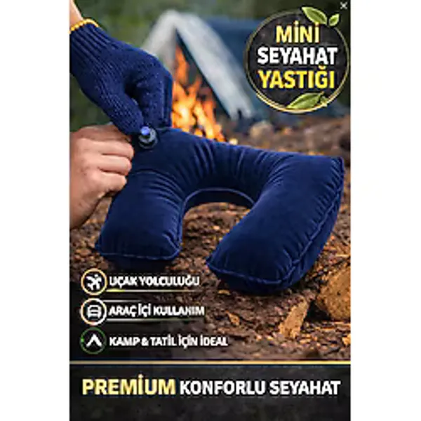 Lacivert Şişme Seyahat Boyun Yastığı - Uçak Araç Kamp İçin Ergonomik Taşınabilir Travel Yastık