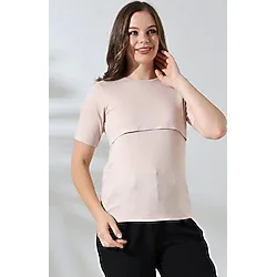 LadyMina Pijama Hamile ve Lohusa Bej Emzirme T-Shirt