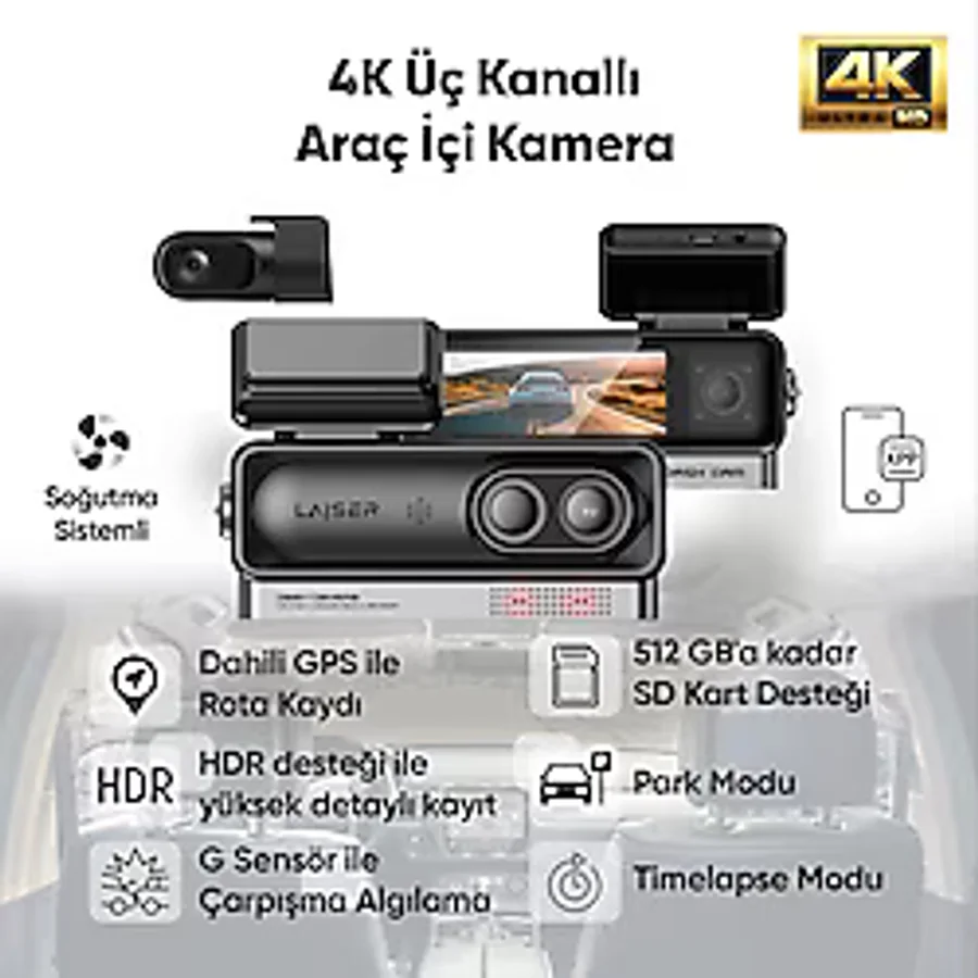 Laiser Alpha 1 4K Araç İçi Kamera 3 Kanallı Sony Imx678 Gps + Wi-Fi + Park Modu Ön-İç-Arka