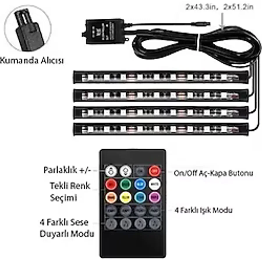 Lalezar Garage Tiger Marketing Araç Içi Aydınlatma Kumandalı Müziğe Duyarlı 9 Led Ayak Altı Led - 7 Renk Rgb