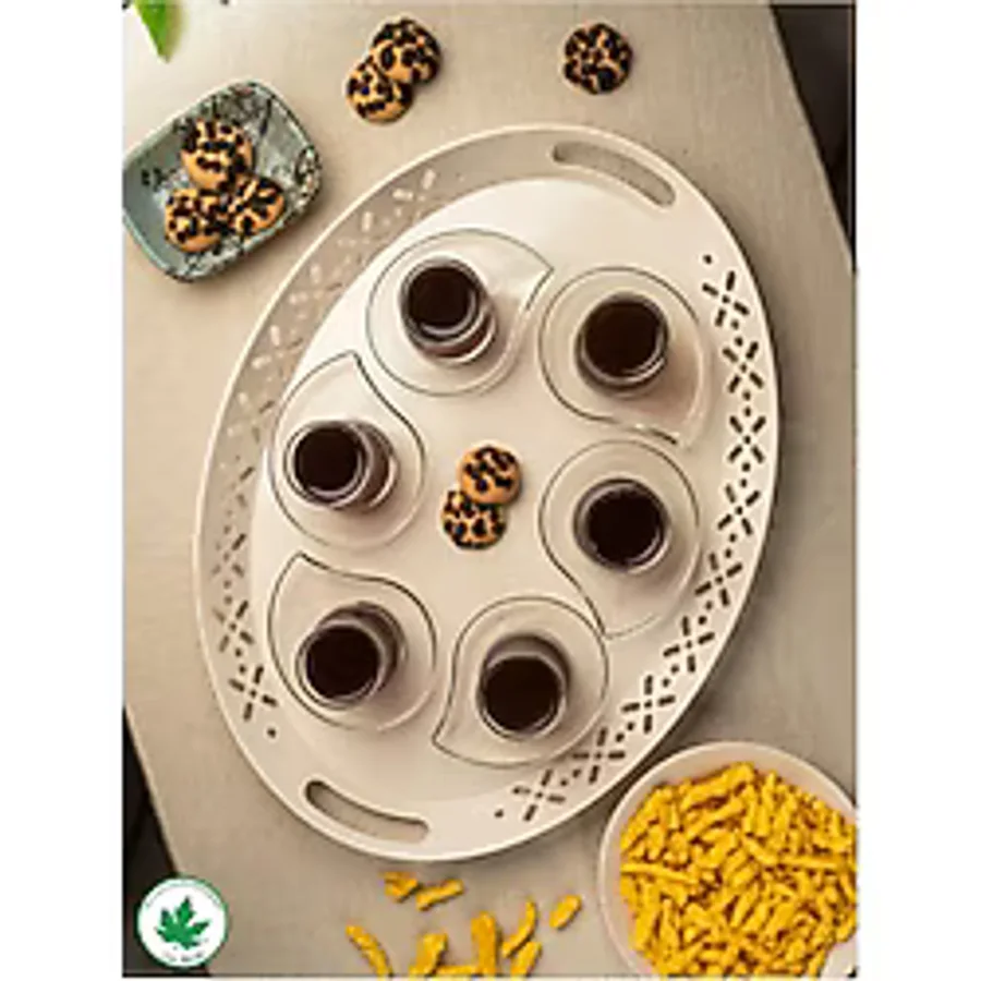 Lalin Tepsi Metal Oval Servis Tepsisi, Romantik Tepsi, Büyük Tepsi,çay Kahve Tepsisi - Krem Krem