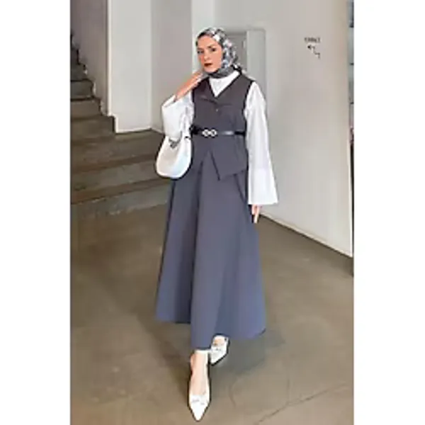 Lamelif Kadın Düğmeli Etek-Yelek Tesettür İkili Takım, Antrasit, S Beden