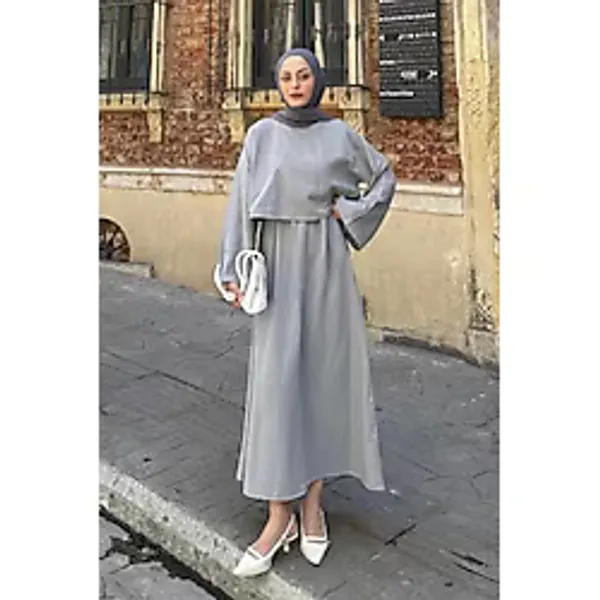 Lamelif Kadın Etekli Tesettür Takım, Açık Gri, Bluz ve Etek