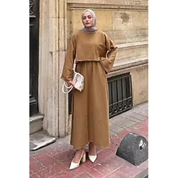 Lamelif Kadın Etekli Tesettür Takım, Camel, Crop Bluz, Geniş Kol, Linen Kumaş