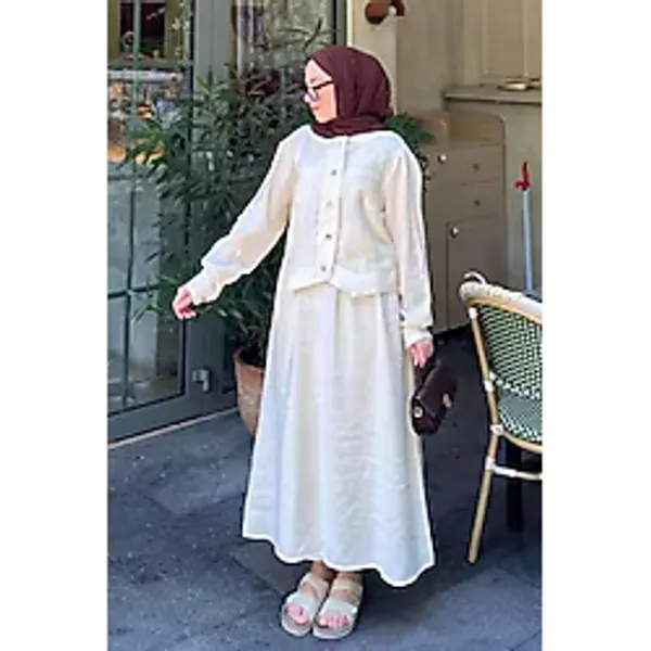 Lamelif Kadın Etekli Tesettür Takım, Çikolata Kahve, Crop Bluz, Geniş Kol, Linen Kumaş