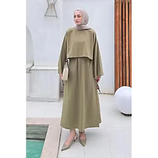Lamelif Kadın Etekli Tesettür Takım, Haki, Crop Bluz, Geniş Kol, Linen Kumaş