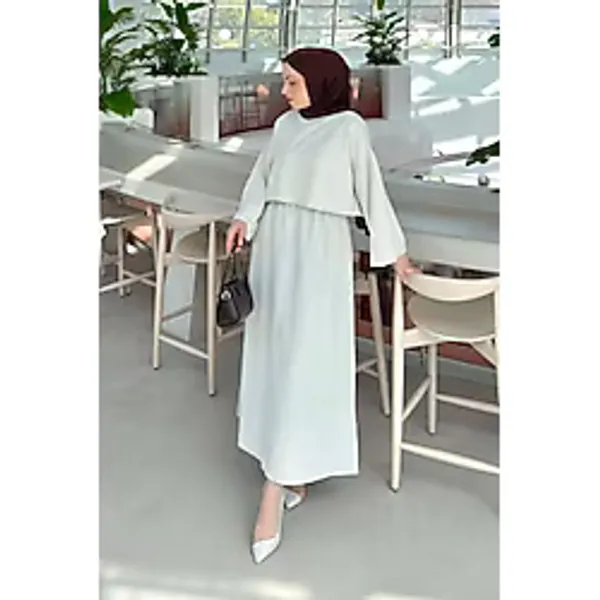 Lamelif Kadın Etekli Tesettür Takım, Taş Rengi, Crop Bluz, Geniş Kol, Linen Kumaş
