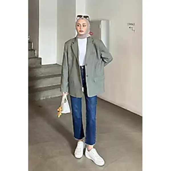 Lamelif Kadın Tesettür Blazer Ceket, Kapak Cep, Kruvaze Yaka, Haki, L Beden