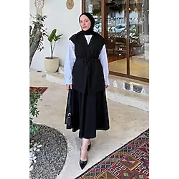 Lamelif Kadın Tesettür Yelek-Etek İkili Takım, Siyah, S Beden