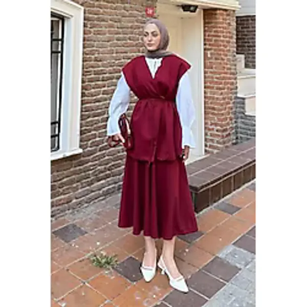 Lamelif Kadın Yelek-Etek İkili Tesettür Takım, Bordo, S Beden