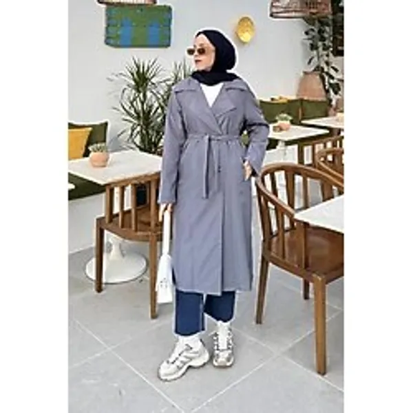 Lamelif Kolu Katlamalı Tesettür Trençkot, Antrasit, L Beden