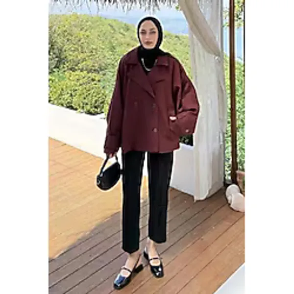 Lamelif Kruvaze Kısa Tesettür Trençkot, Bordo, Kadın