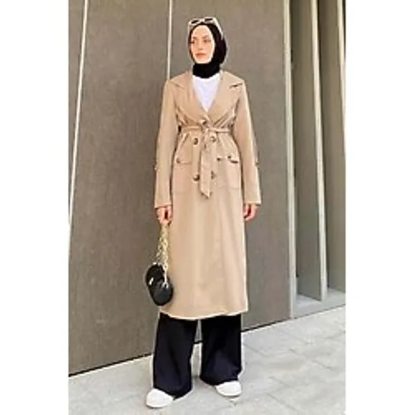 Lamelif Pelican Ön Düğmeli Tesettür Trençkot, Toprak, M Beden