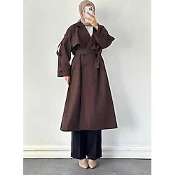 Lamelif Uzun Apoletli Oversize Tesettür Trençkot, Kahverengi, Kadın
