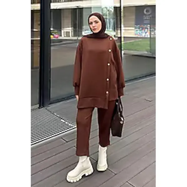 Lamelif Yan Çıtçıt Detaylı Scuba Tesettür Eşofman Takımı, Kahverengi, S/M Beden, Kadın