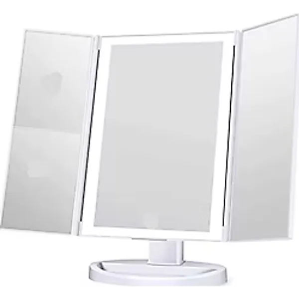 Land Of Myth - 1X-2X-3X-10X Büyütmeli 37 LED Işıklı Makyaj Aynası, 3 Panel, Katlanabilir, Dokunmatik Sensörlü - Beyaz