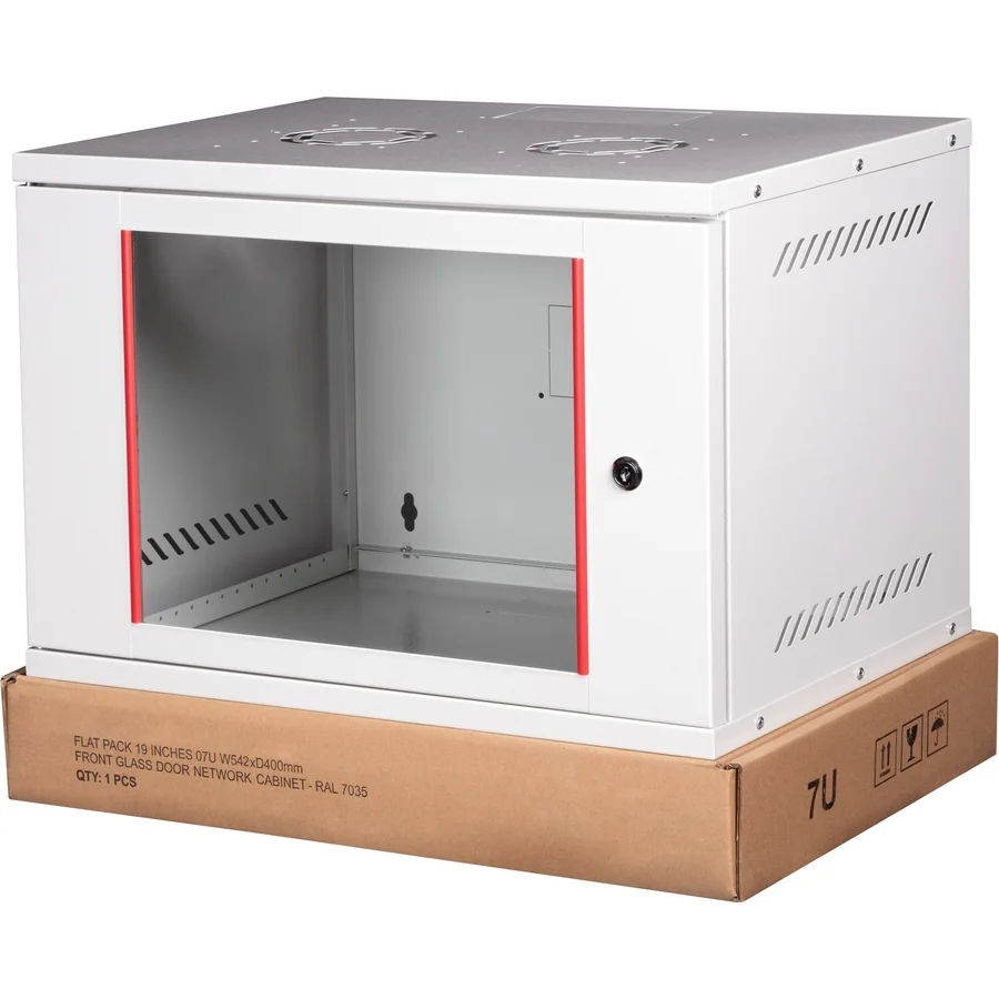 Lande - 7u 19" Cam Kapaklı Duvar Tipi Rack Kabinet Genişlik: 544 Mm Derinlik: 400 Mm Açık Gri Demonte