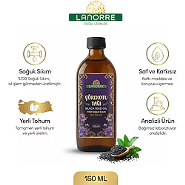 Lanorre Çörekotu Yağı (Çörek otu) - %100 Soğuk Sıkım - Yerli Tohum - Analizli - 150ML %100 Saf - Doğal - Yüksek Timokinonlu - Katkısız - 1 Adet - 150 ML