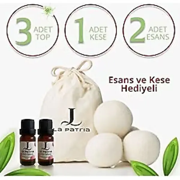 Lapatria 3 Adet Xxxl Yün Çamaşır Kurutma Topu - 1 adet kese - 2 Adet uçuçu yağ - Kurutma Makinesi için - - 10 ml - Beyaz