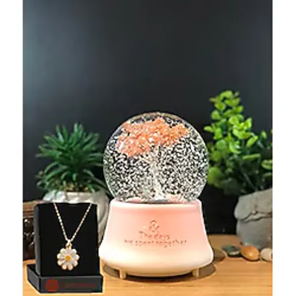Lapidaria Sakura Ağacı Temalı Işıklı Müzikli Püskürtmeli Kar Küresi Büyük Boy Ve Papatya Kolye