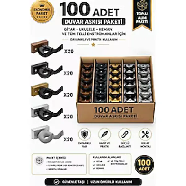 Lastvoice EDS-666-100X Kaliteli 100'lü Enstrüman Duvar Askısı Standı Aparatı Toptan Paket-2 (Gitar, Ukulele, Keman, Bağl