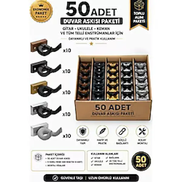 Lastvoice EDS-666-50X Kaliteli 50'li Enstrüman Duvar Askısı Standı Aparatı Toptan Paket-1 (Gitar, Ukulele, Keman, Bağlam
