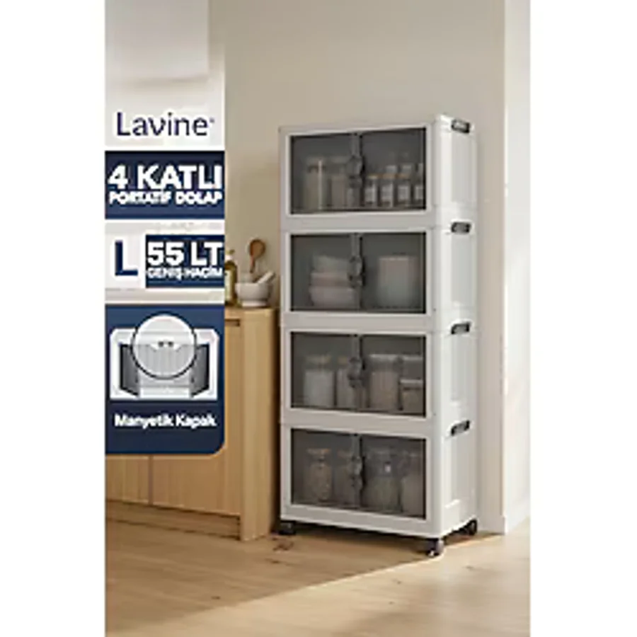 Lavine "LARGE" 4 Katlı Portatif Organizer Tekerlekli Dolap Çok Amaçlı Mıknatıs Kapaklı Katlanır - BEYAZ