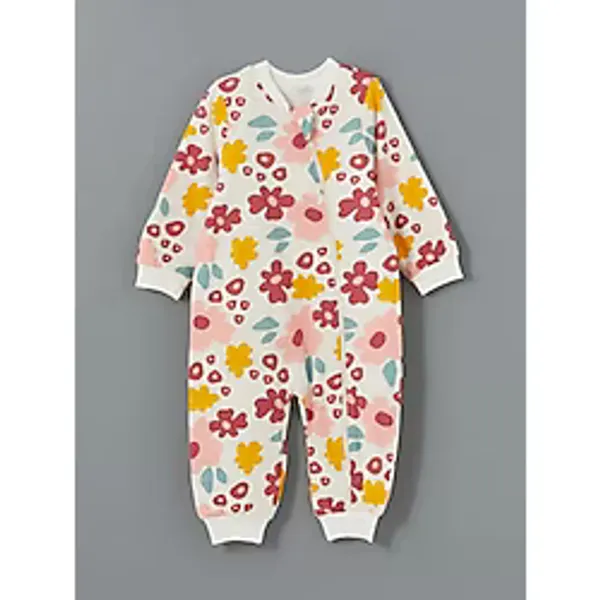 LC Waikiki Baby Bej Çiçekli Kız Bebek Tulum Pamuk Kumaşla Uzun Kollu Cepsiz - Açık Bej - 4 - 5 Yaş