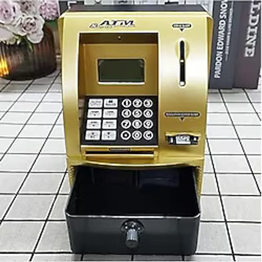 LCD Ekran ATM Şifreli Kumbara Kağıt Demir Para Girişli Kartlı Sesli Yönlendirme Takvim Saat