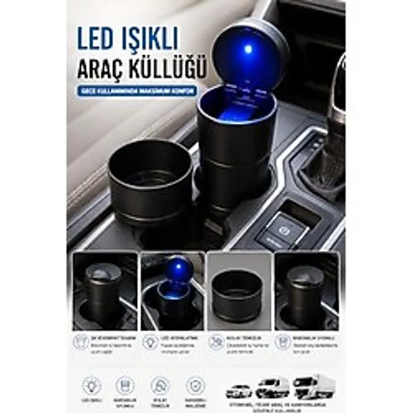 LED Işıklı Küllük Bardaklık Uyumlu Araç Ev ve Ofis Kullanımına Uygun Kapaklı Küllük