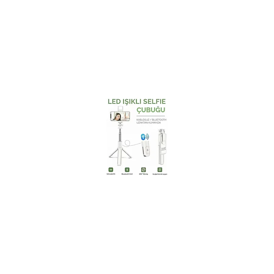 Led Işıklı Selfie Çubuğu Bluetooth Kumandalı Kablosuz Tripot Selfie Monopod Selfie Stick (Beyaz)