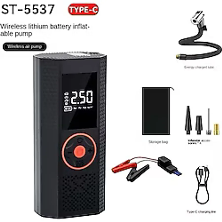 Leerfei ST-5537 Dijital Hava Kompresörü ve Akü Takviye Cihazı 12000MAH - Oto Lastik Şişirme, LED Işık, Sos, Taşınabilir Hava Pompası Jump Starter