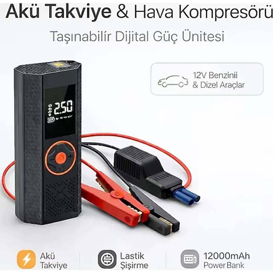 Leerfei ST-5537 Dijital Hava Kompresörü ve Akü Takviye Cihazı 12000MAH - Oto Lastik Şişirme, LED Işık, Sos, Taşınabilir Hava Pompası Jump Starter