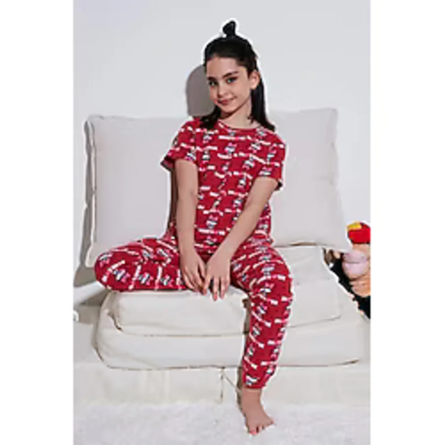 Lela % 100 Pamuk Bisiklet Yaka Kısa Kollu Kız Çocuk Pijama Takımı 6651004 Kırmızı