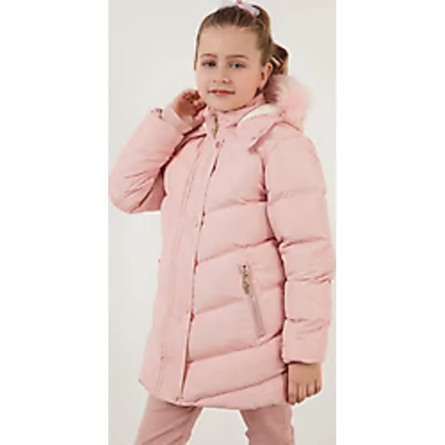 Lela 6035018 İçi Astarlı Kapüşonlu Kürklü Kız Çocuk Şişme Mont