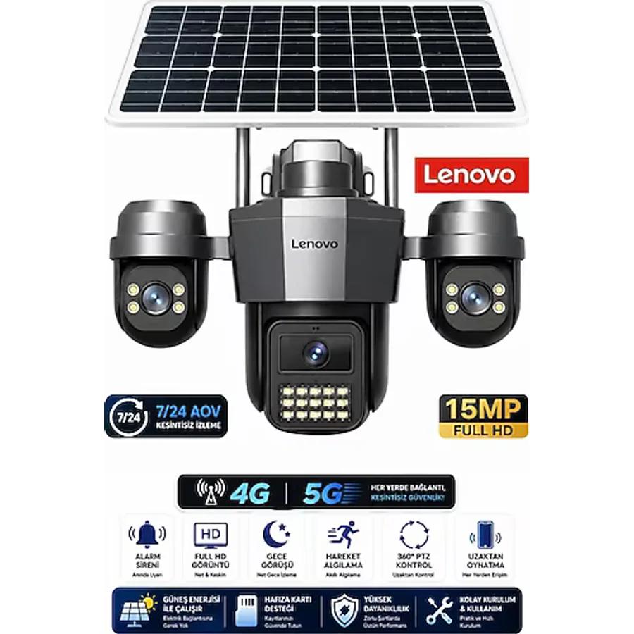 Lenovo G4w19 3 Lensli 4G Sım Kartlı 360° Ptz Solar Güvenlik Kamerası Güneş Panelli Gece Görüşlü Dış Mekan