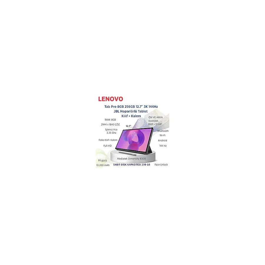 Lenovo Idea Tab Pro 2.2ghz 8gb 256GB 12.7inch' 3k- Android Tablet + Anker 10000 Ma Powerbank Hediye - Grafit Grisi - 256 GB