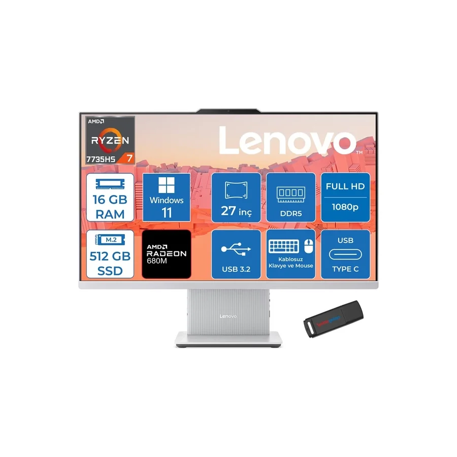 Lenovo Ideacentre Aıo 27ARR9 Amd Ryzen 7 7735HS 16GB Ddr5 512GB SSD Windows 11 Pro Radeon 680M 27 Inç Fhd (1920X1080) IPS 300NITS Bulut Gri All In One Bilgisayar ICF0HQ008GTRP02 + Zetta Flash Bellek