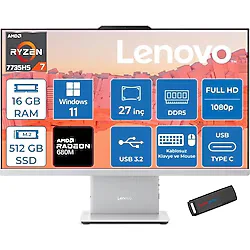 Lenovo Ideacentre Aıo 27ARR9 Amd Ryzen 7 7735HS 16GB Ddr5 512GB SSD Windows 11 Pro Radeon 680M 27 Inç Fhd (1920X1080) IPS 300NITS Bulut Gri All In One Bilgisayar ICF0HQ008GTRP02 + Zetta Flash Bellek