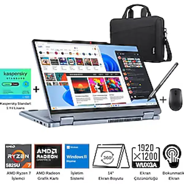 Lenovo Ideapad Flex 5 14ABR8 AMD Ryzen 7 5825U 16GB 1tb SSD 14" Wuxga (Dokunmatik) W11H Taşınabilir Bilgisayar - Lenovo Çanta - Mouse / 1 Yıl Kaspersky Yazılım Koruma Wz8 - 1 TB - 16 GB