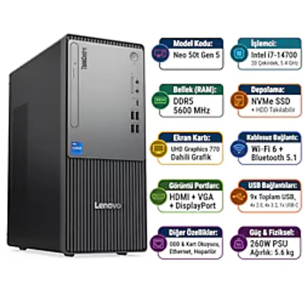 Lenovo ThinkCentre Neo 50T Gen 5 i7-14700 32GB 1TB SSD Windows 11 Pro Masaüstü Bilgisayar 12UD001UTR 016
