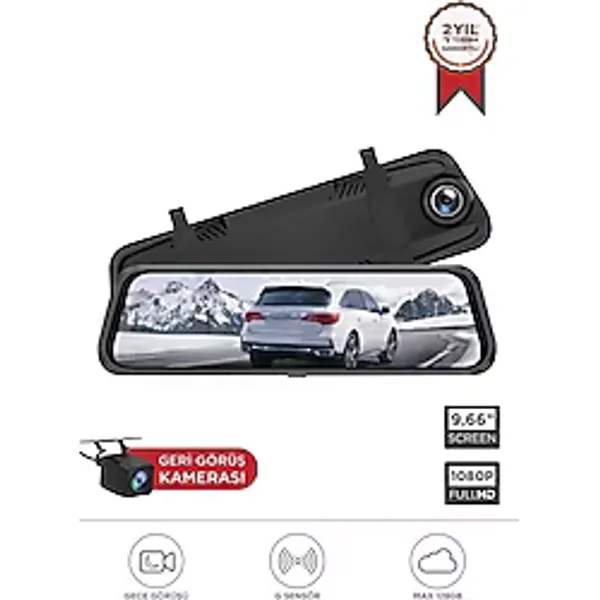 Lenovo V7ahd Siyah 1080P Araç İçi 9.6İnç Dokunmatik Dikiz Ayna Gece Görüşü Ön Ve Arka Araç Kamerası