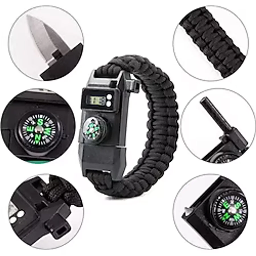Lenscape Dijital Saatli Pusula Düdük Cam Kırıcı Magnezyum Çubuklu Fonksiyonel Paracord Bileklik