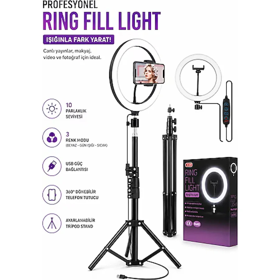 LESGO Ring Light Youtuber Tiktok Çekim Tripod Işıklı Telefon Tutucu Makyaj Işığı 10 Inç 2.1 Mt Tripod