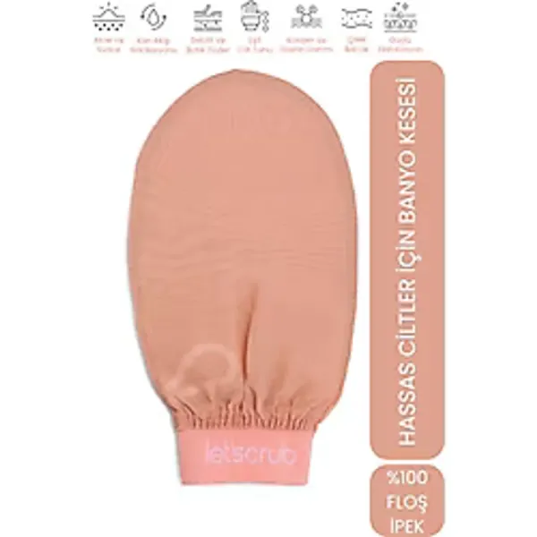 LET'SCRUB Bej Lastikli Banyo Duş Kesesi Peeling Eldiveni %100 Floş Ipek Hassas Ciltler İçin