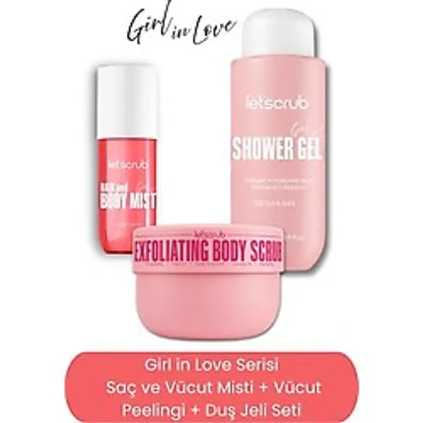 LET'SCRUB Girl In Love Duş Jeli Seti + Vücut Peelingi + Saç ve Vücut Misti Sls ve Paraben İçermez