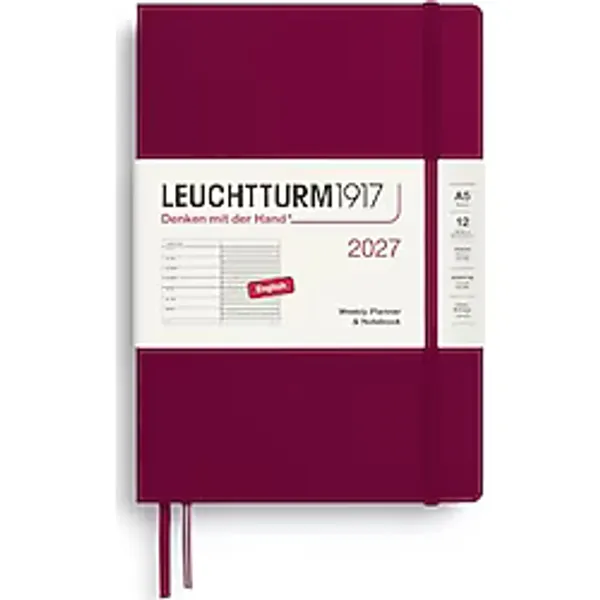 LEUCHTTURM1917 Haftalık takvim 2027 orta (A5) not defterli, çizgili - ajanda İngilizce, Port Red, sert kapak, 145 x 210 mm, Ocak-Aralık 2027, solda haftalık genel bakış + not sayfası sağ