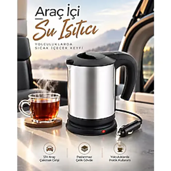 Lexroo Araç Içi Kullanıma Uygun 12V Elektrikli Su Isıtıcı Paslanmaz Çelik Gövdeli Pratik Kettle - Standart