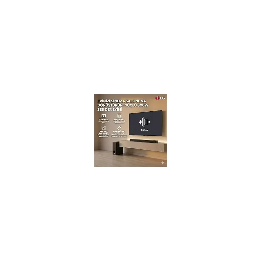 Lg Televizyon ve Müzik İçin 300W Kablosuz Soundbar Seti Yapay Zeka Destekli Ses Optimizasyonu Bluetooth 5.3 Bağlantısı ve Karbon Nötr Şık Tasarım - Siyah
